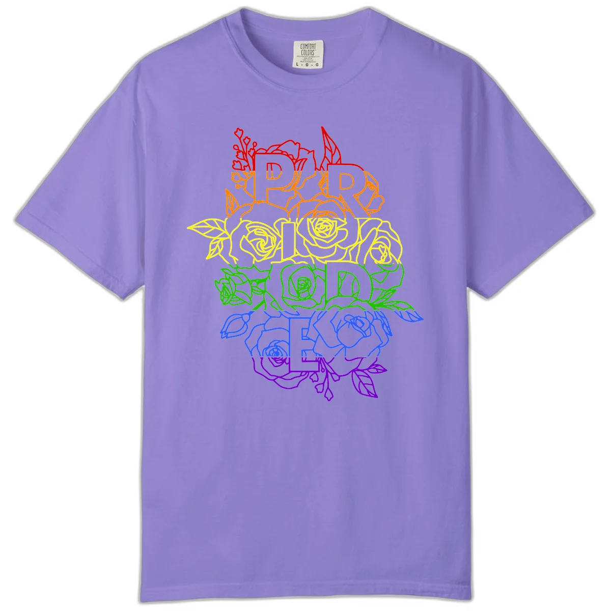 Pride rainbow floral design with the word PRIDE stacked vertically in rainbow colors, each letter surrounded by decorative roses and botanical elements. in Violet