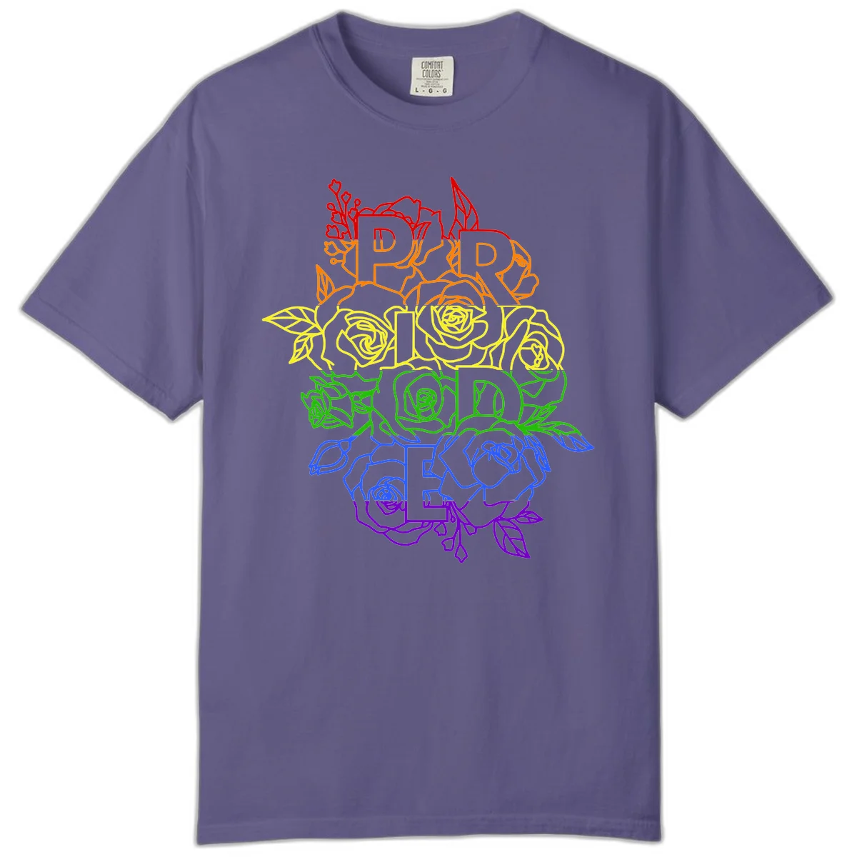 Pride rainbow floral design with the word PRIDE stacked vertically in rainbow colors, each letter surrounded by decorative roses and botanical elements. in Grape