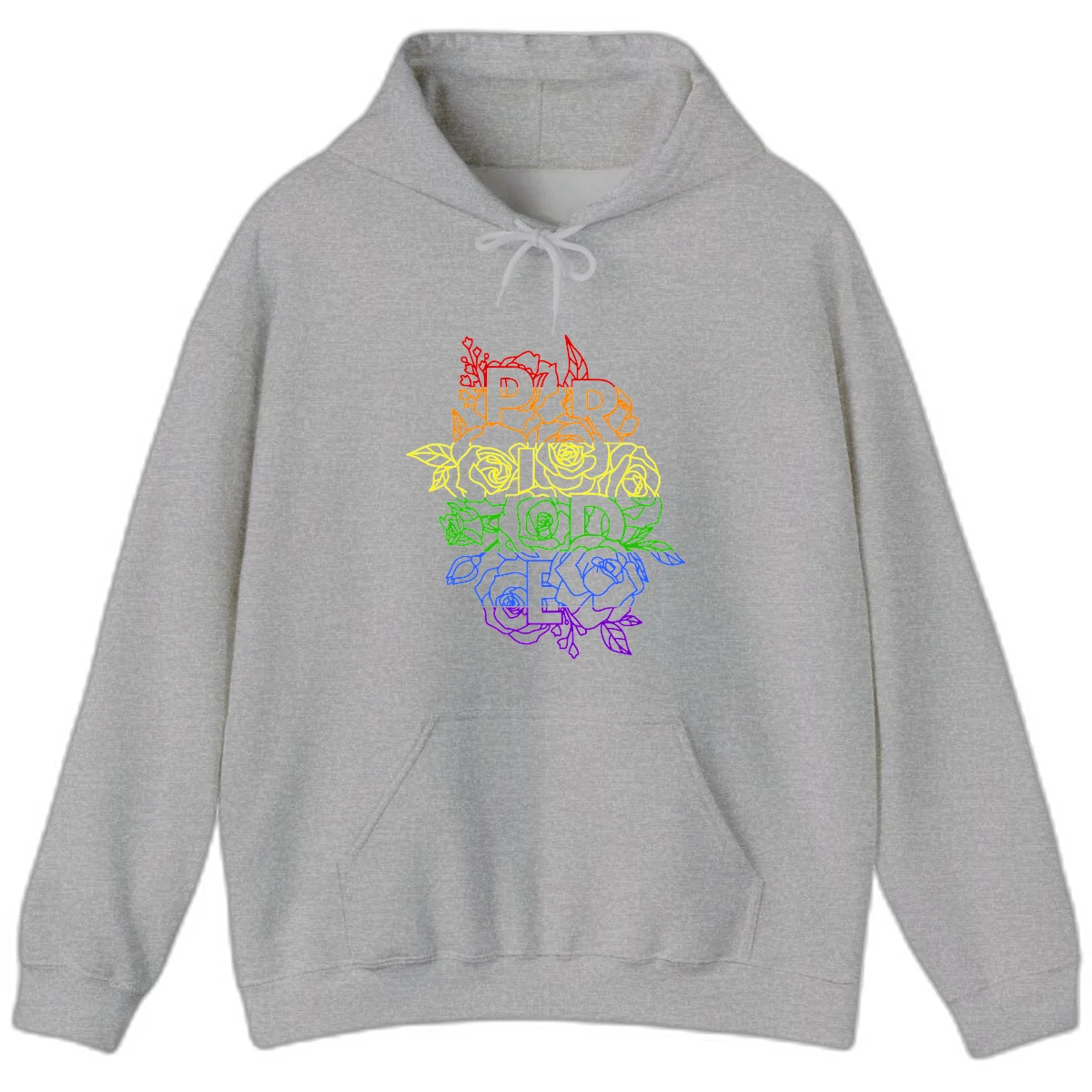 Pride rainbow floral design with the word PRIDE stacked vertically in rainbow colors, each letter surrounded by decorative roses and botanical elements. in Sport Grey