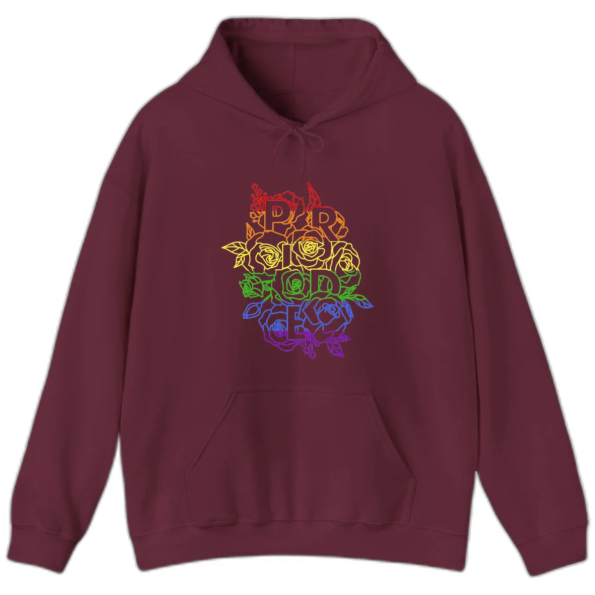 Pride rainbow floral design with the word PRIDE stacked vertically in rainbow colors, each letter surrounded by decorative roses and botanical elements. in Maroon