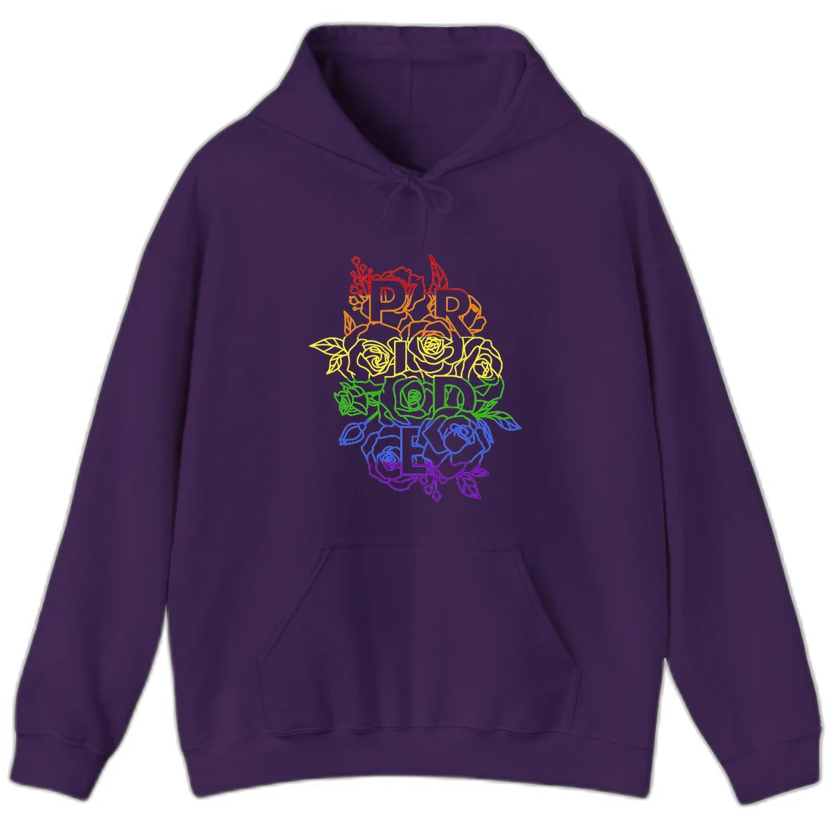 Pride rainbow floral design with the word PRIDE stacked vertically in rainbow colors, each letter surrounded by decorative roses and botanical elements. in Purple