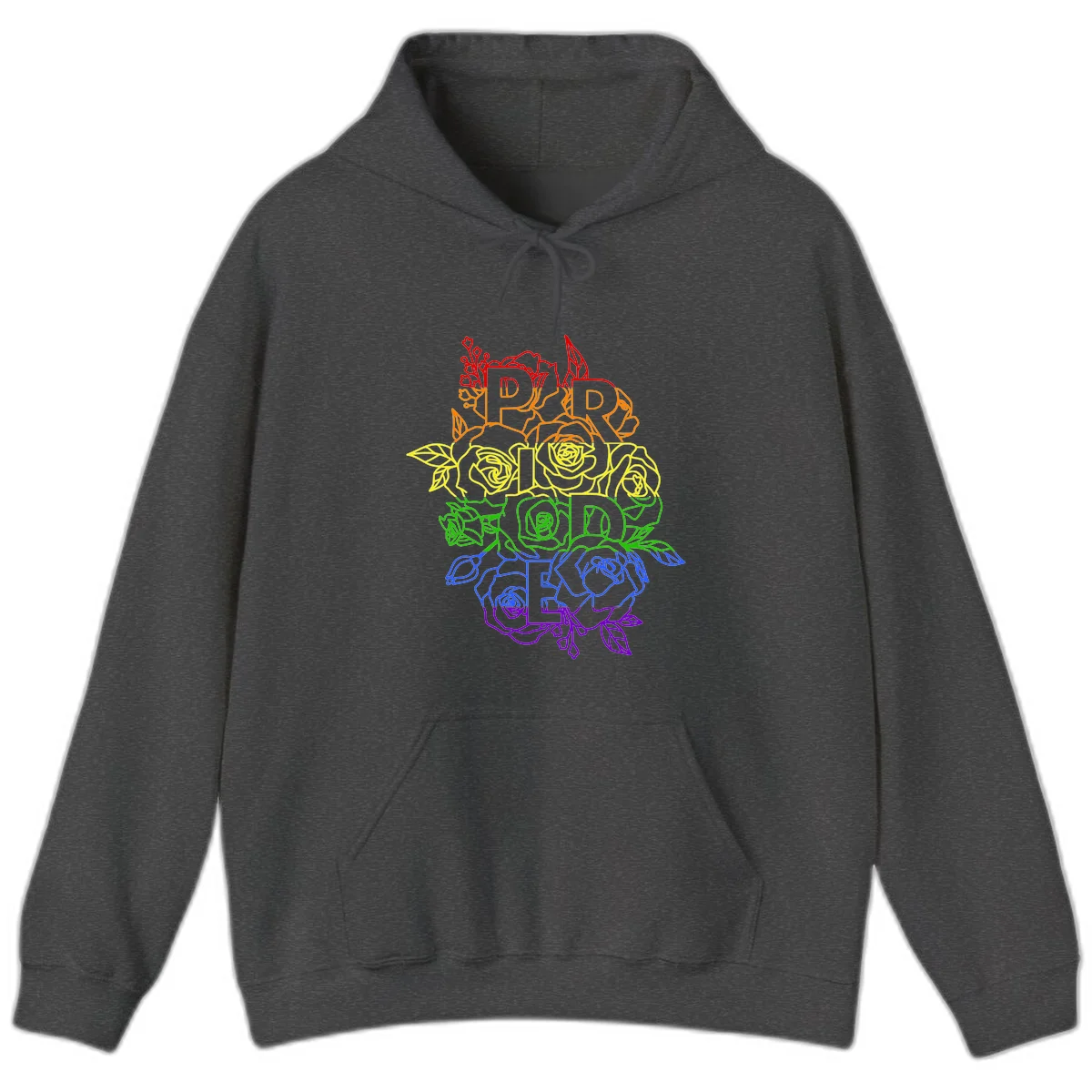 Pride rainbow floral design with the word PRIDE stacked vertically in rainbow colors, each letter surrounded by decorative roses and botanical elements. in Dark Heather