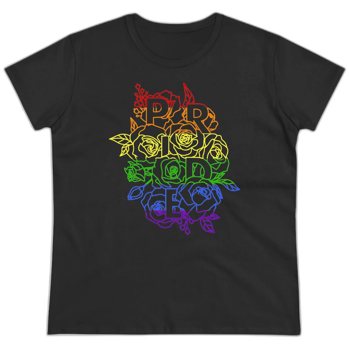 Pride rainbow floral design with the word PRIDE stacked vertically in rainbow colors, each letter surrounded by decorative roses and botanical elements. in Black