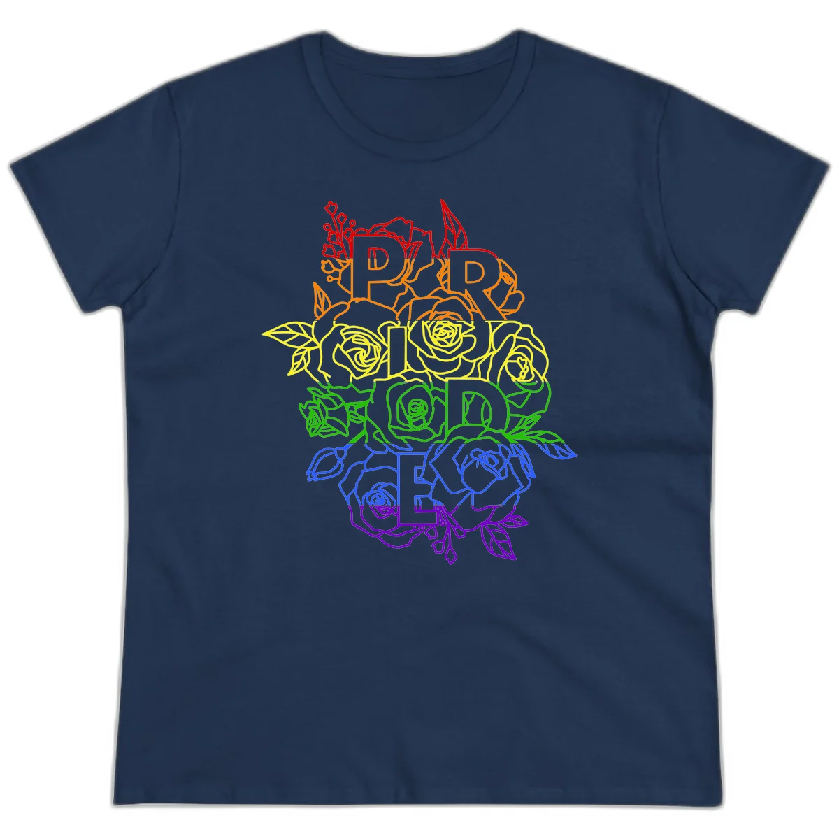 Pride rainbow floral design with the word PRIDE stacked vertically in rainbow colors, each letter surrounded by decorative roses and botanical elements. in Navy
