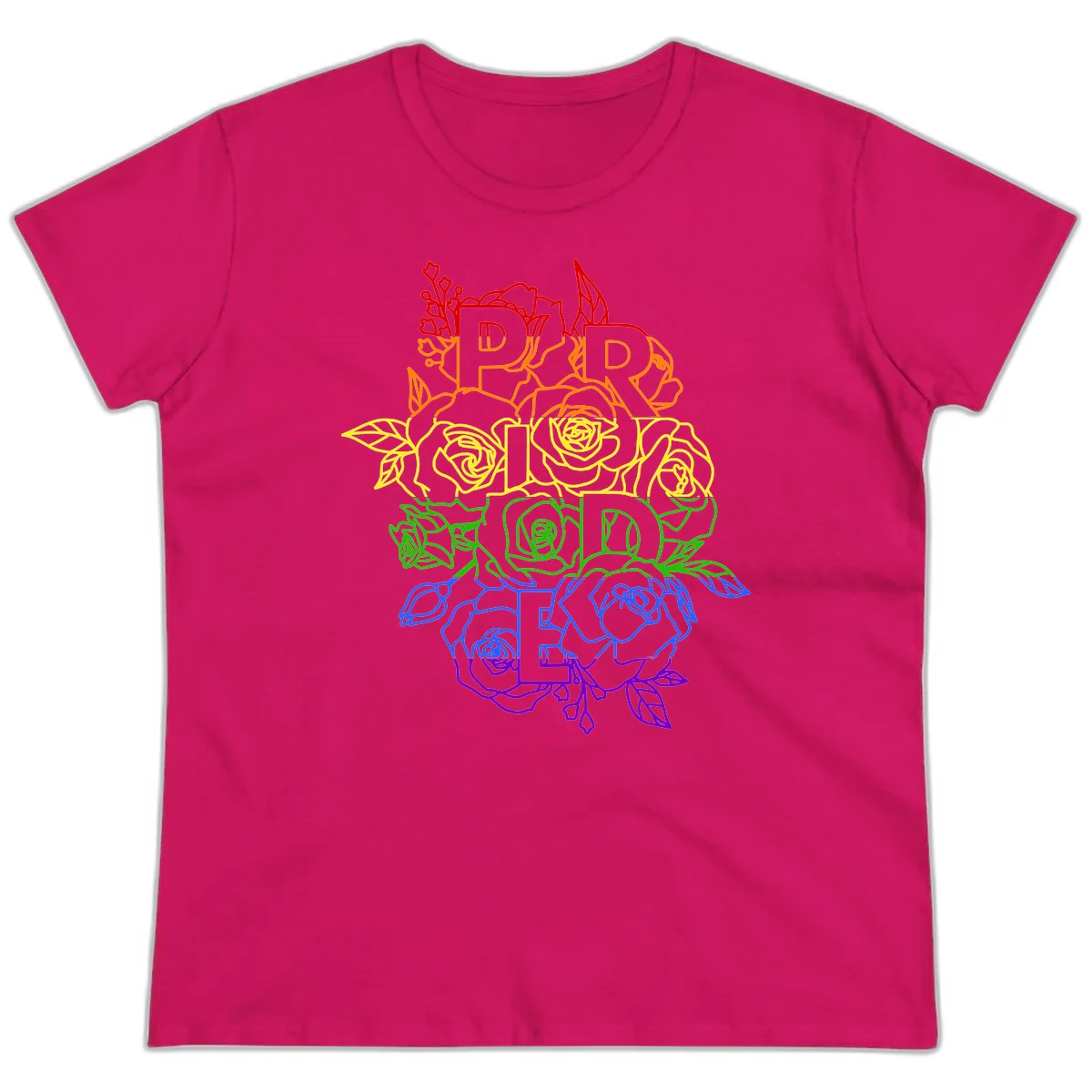 Pride rainbow floral design with the word PRIDE stacked vertically in rainbow colors, each letter surrounded by decorative roses and botanical elements. in Heliconia