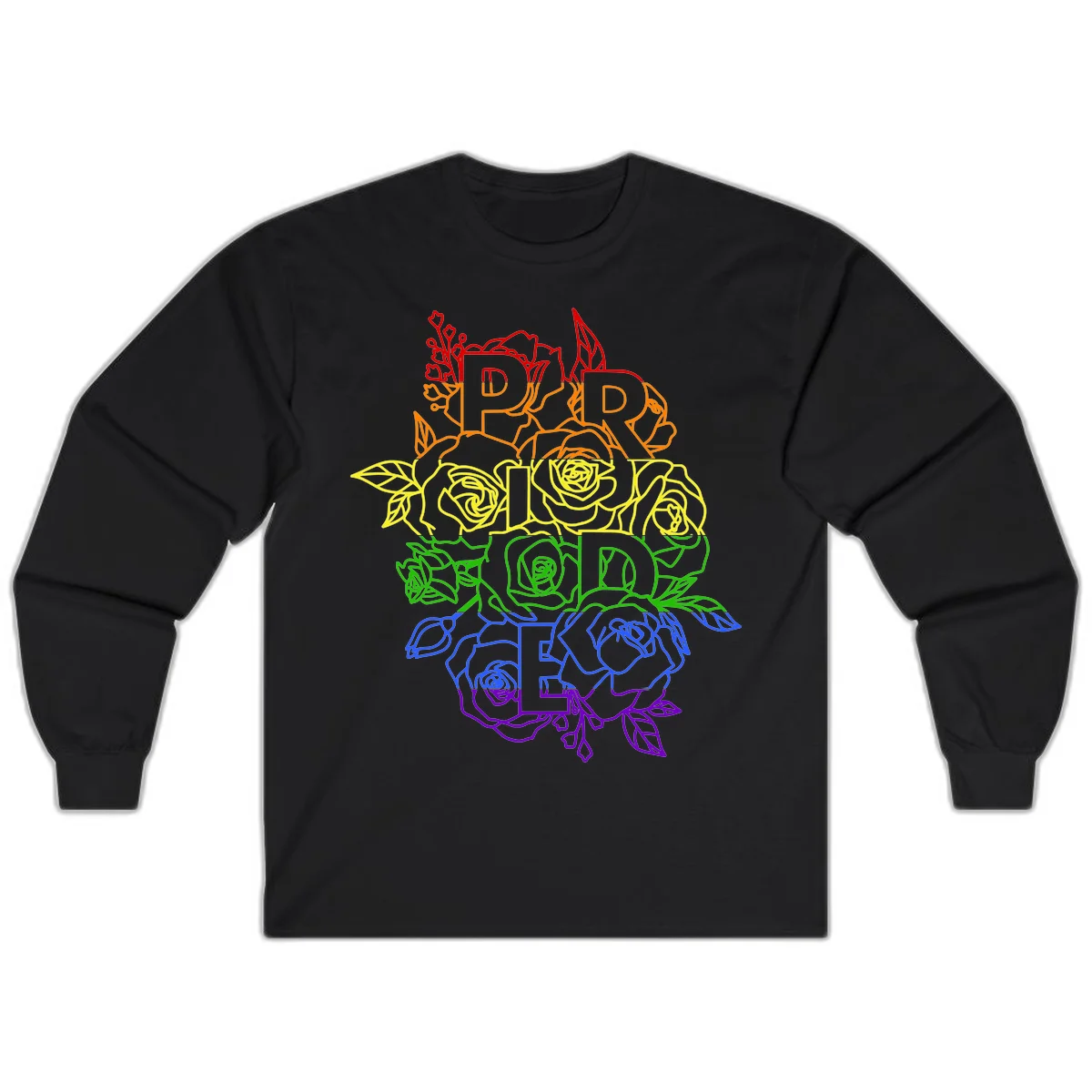 Pride rainbow floral design with the word PRIDE stacked vertically in rainbow colors, each letter surrounded by decorative roses and botanical elements. in Black