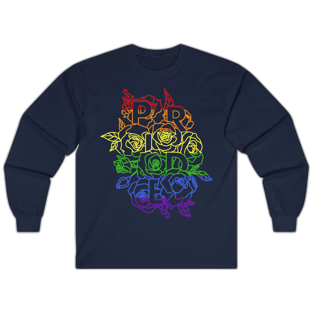 Pride rainbow floral design with the word PRIDE stacked vertically in rainbow colors, each letter surrounded by decorative roses and botanical elements. in Navy