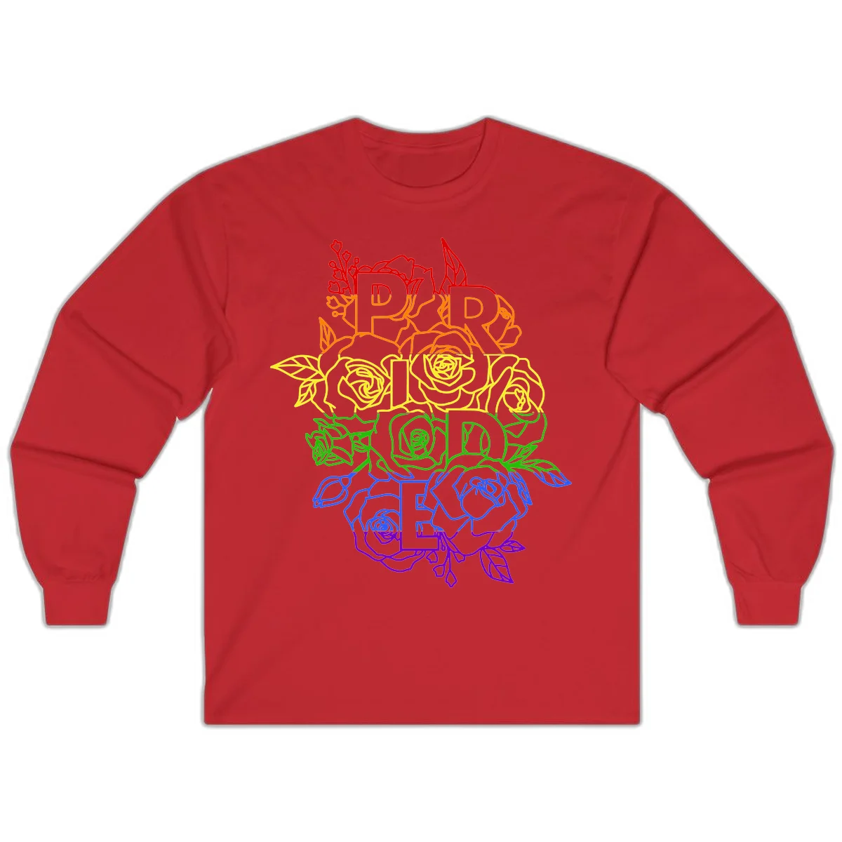 Pride rainbow floral design with the word PRIDE stacked vertically in rainbow colors, each letter surrounded by decorative roses and botanical elements. in Red