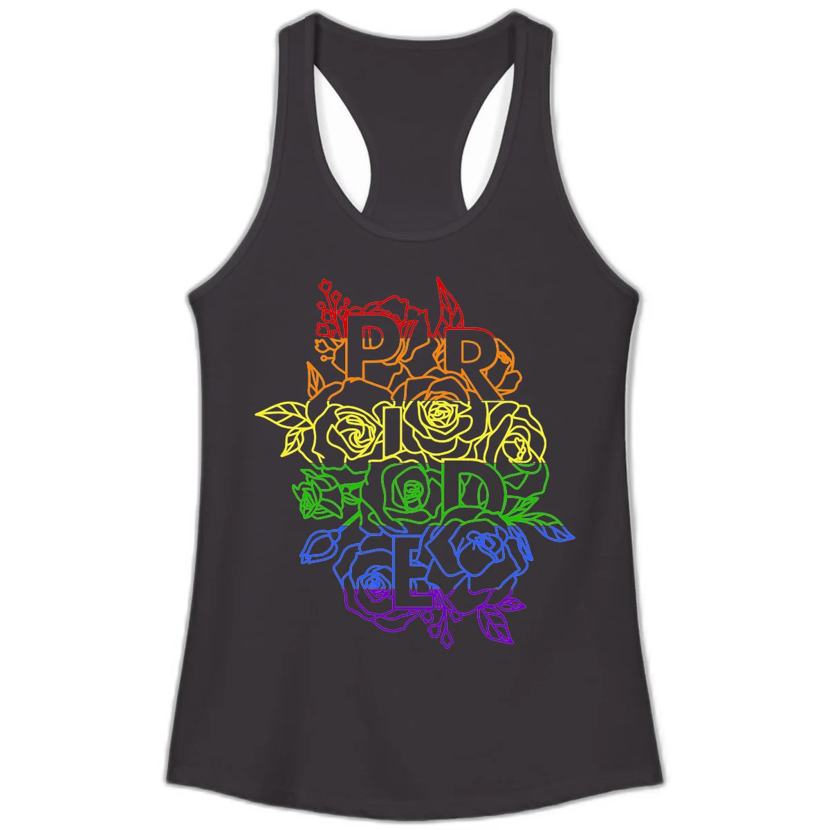 Pride rainbow floral design with the word PRIDE stacked vertically in rainbow colors, each letter surrounded by decorative roses and botanical elements. in Black