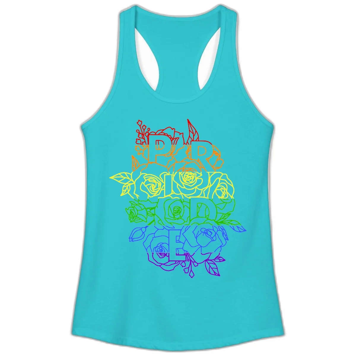 Pride rainbow floral design with the word PRIDE stacked vertically in rainbow colors, each letter surrounded by decorative roses and botanical elements. in Solid Tahiti Blue