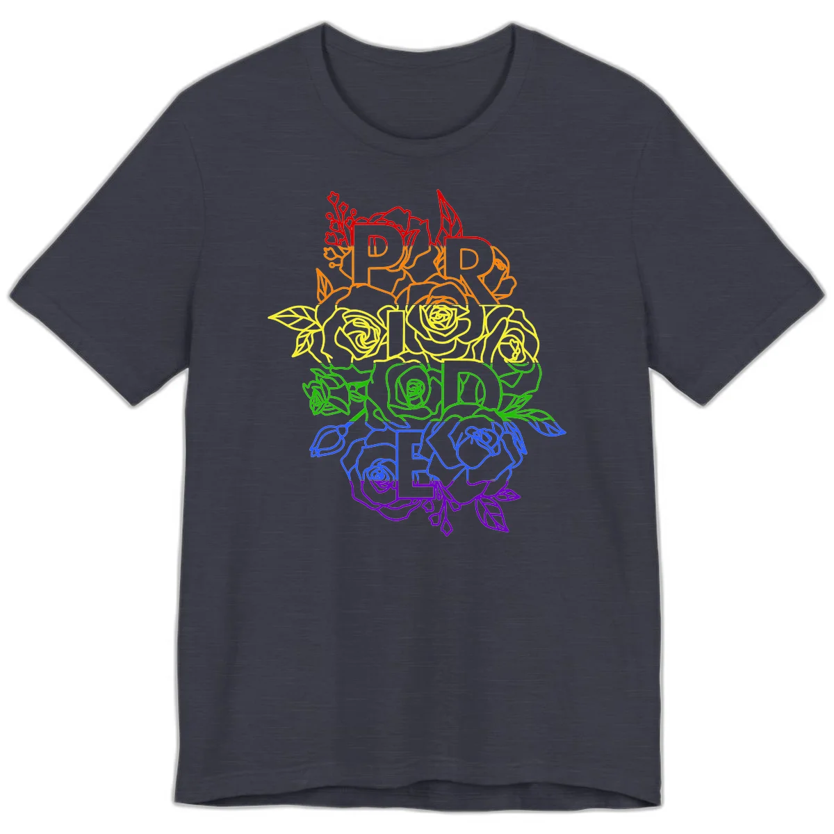 Pride rainbow floral design with the word PRIDE stacked vertically in rainbow colors, each letter surrounded by decorative roses and botanical elements. in Heather Midnight Navy