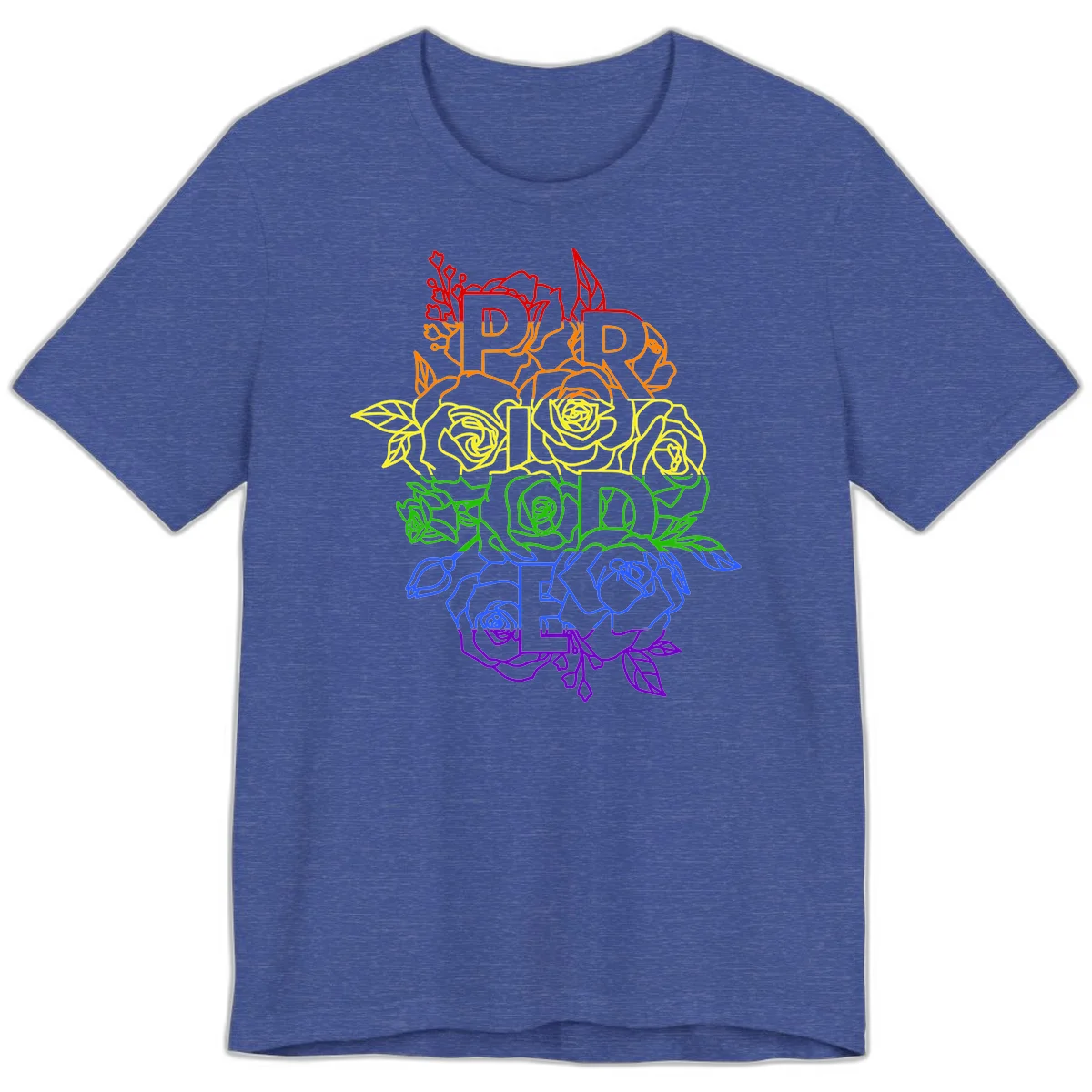 Pride rainbow floral design with the word PRIDE stacked vertically in rainbow colors, each letter surrounded by decorative roses and botanical elements. in Heather True Royal