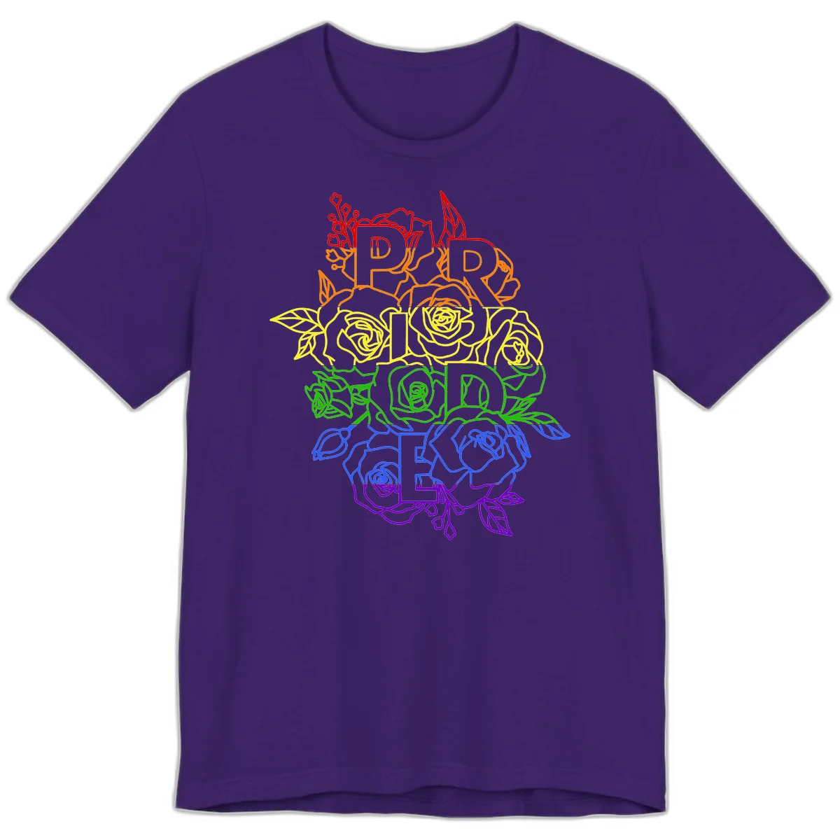 Pride rainbow floral design with the word PRIDE stacked vertically in rainbow colors, each letter surrounded by decorative roses and botanical elements. in Team Purple