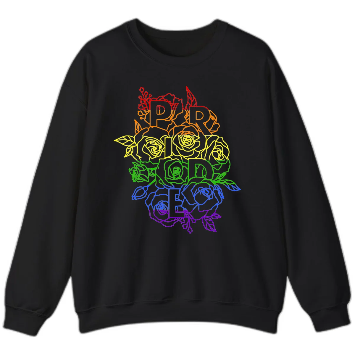 Pride rainbow floral design with the word PRIDE stacked vertically in rainbow colors, each letter surrounded by decorative roses and botanical elements. in Black