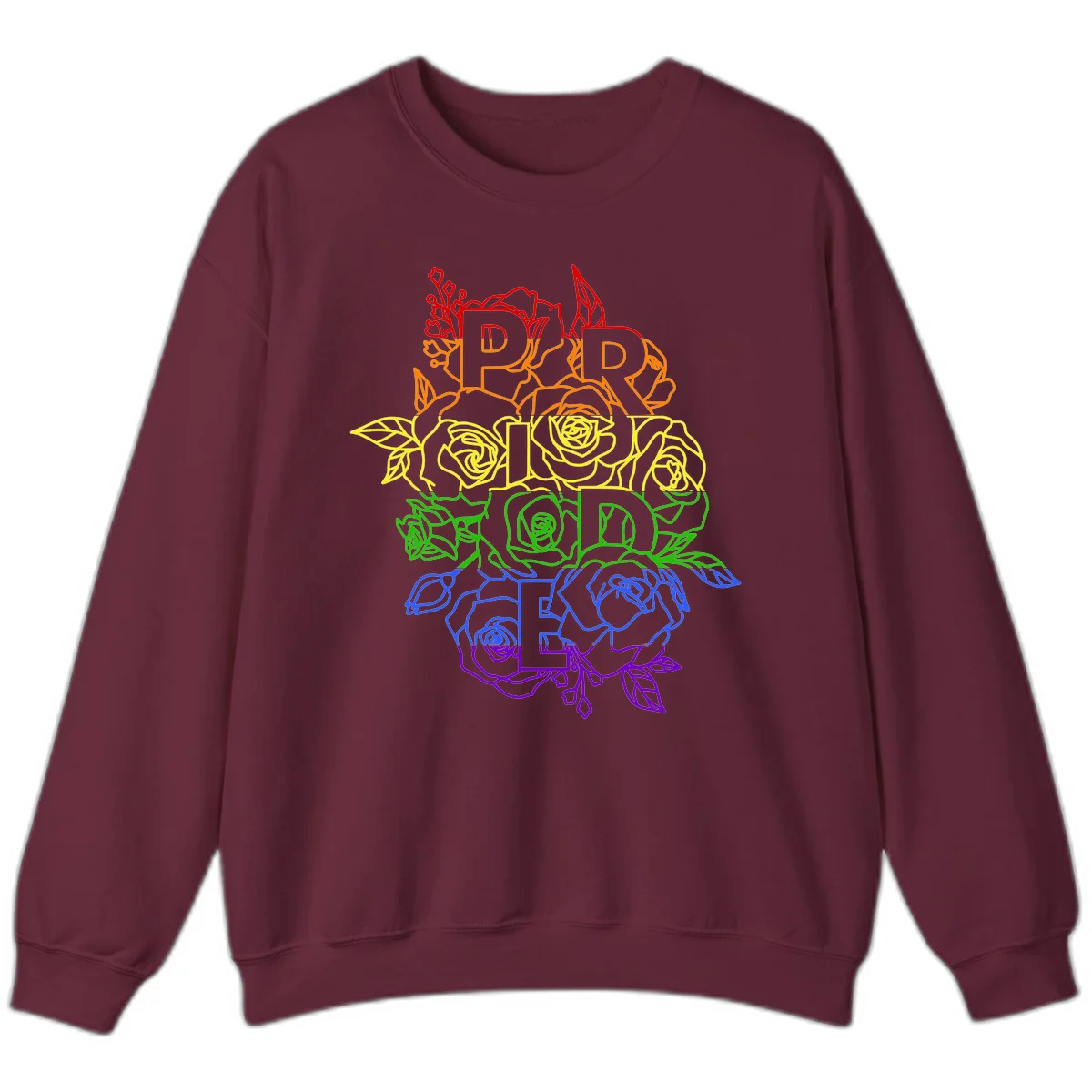 Pride rainbow floral design with the word PRIDE stacked vertically in rainbow colors, each letter surrounded by decorative roses and botanical elements. in Maroon