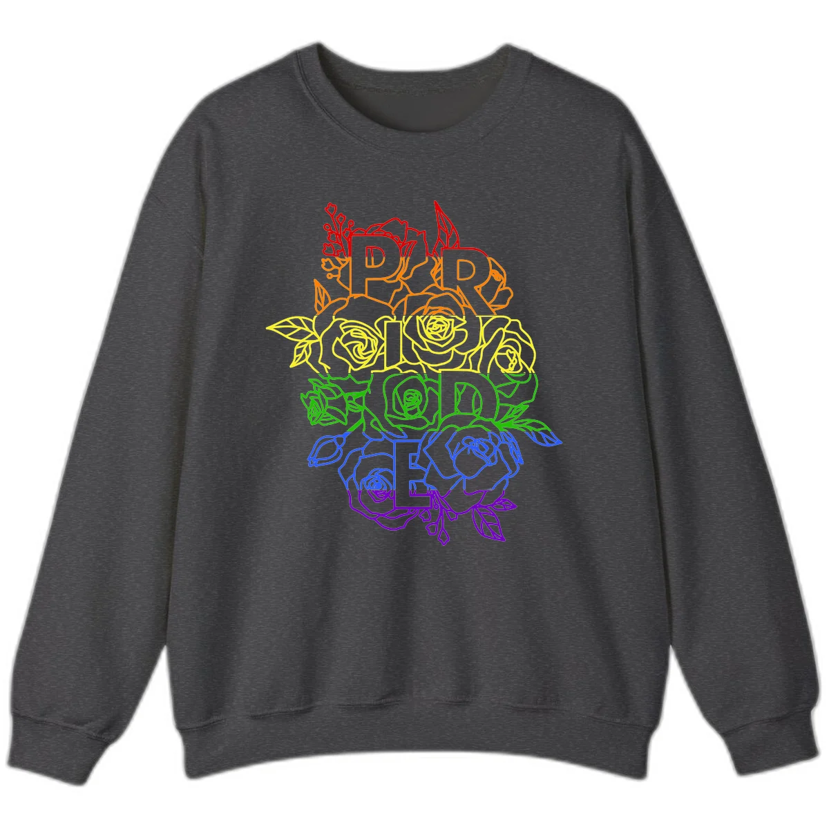 Pride rainbow floral design with the word PRIDE stacked vertically in rainbow colors, each letter surrounded by decorative roses and botanical elements. in Dark Heather