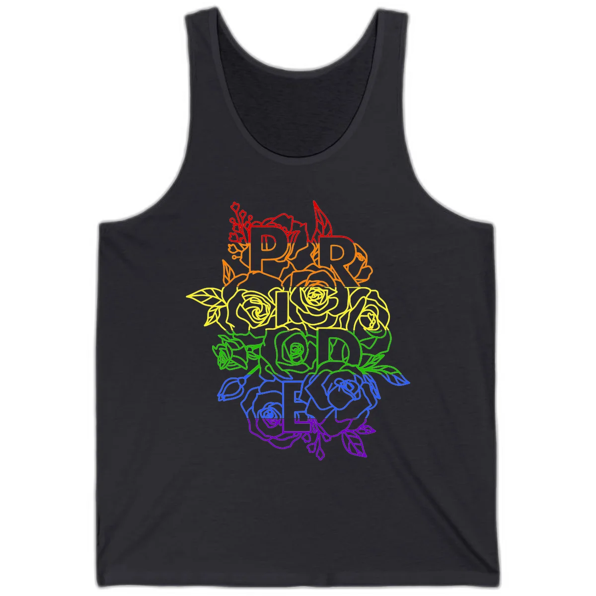 Pride rainbow floral design with the word PRIDE stacked vertically in rainbow colors, each letter surrounded by decorative roses and botanical elements. in Dark Grey
