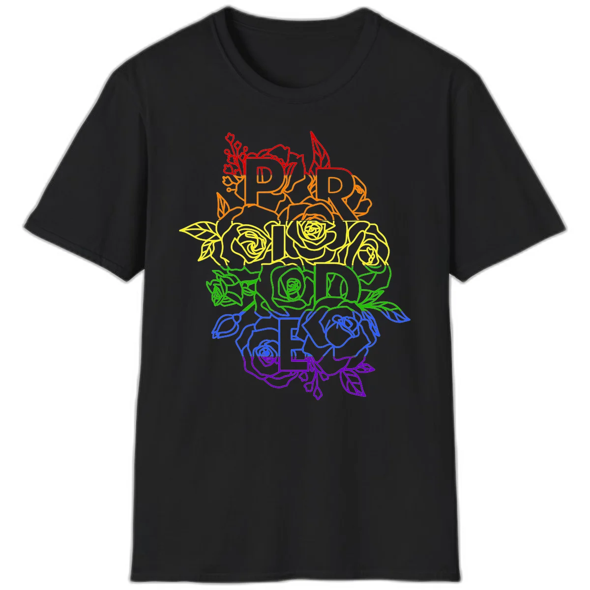 Pride rainbow floral design with the word PRIDE stacked vertically in rainbow colors, each letter surrounded by decorative roses and botanical elements. in Black