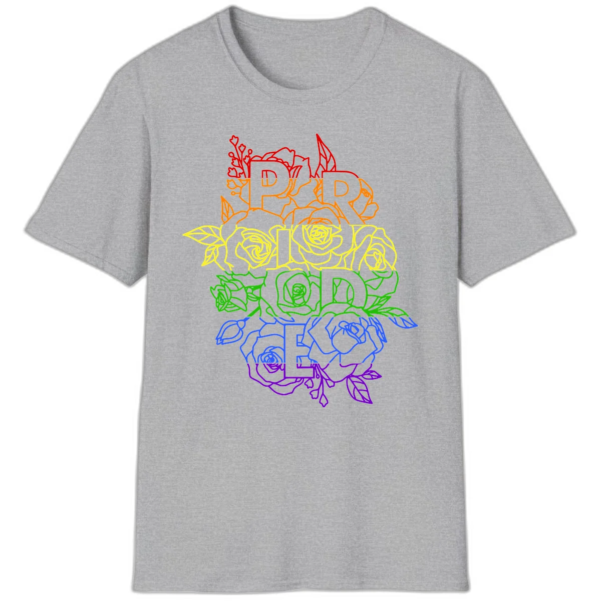 Pride rainbow floral design with the word PRIDE stacked vertically in rainbow colors, each letter surrounded by decorative roses and botanical elements. in Sport Grey