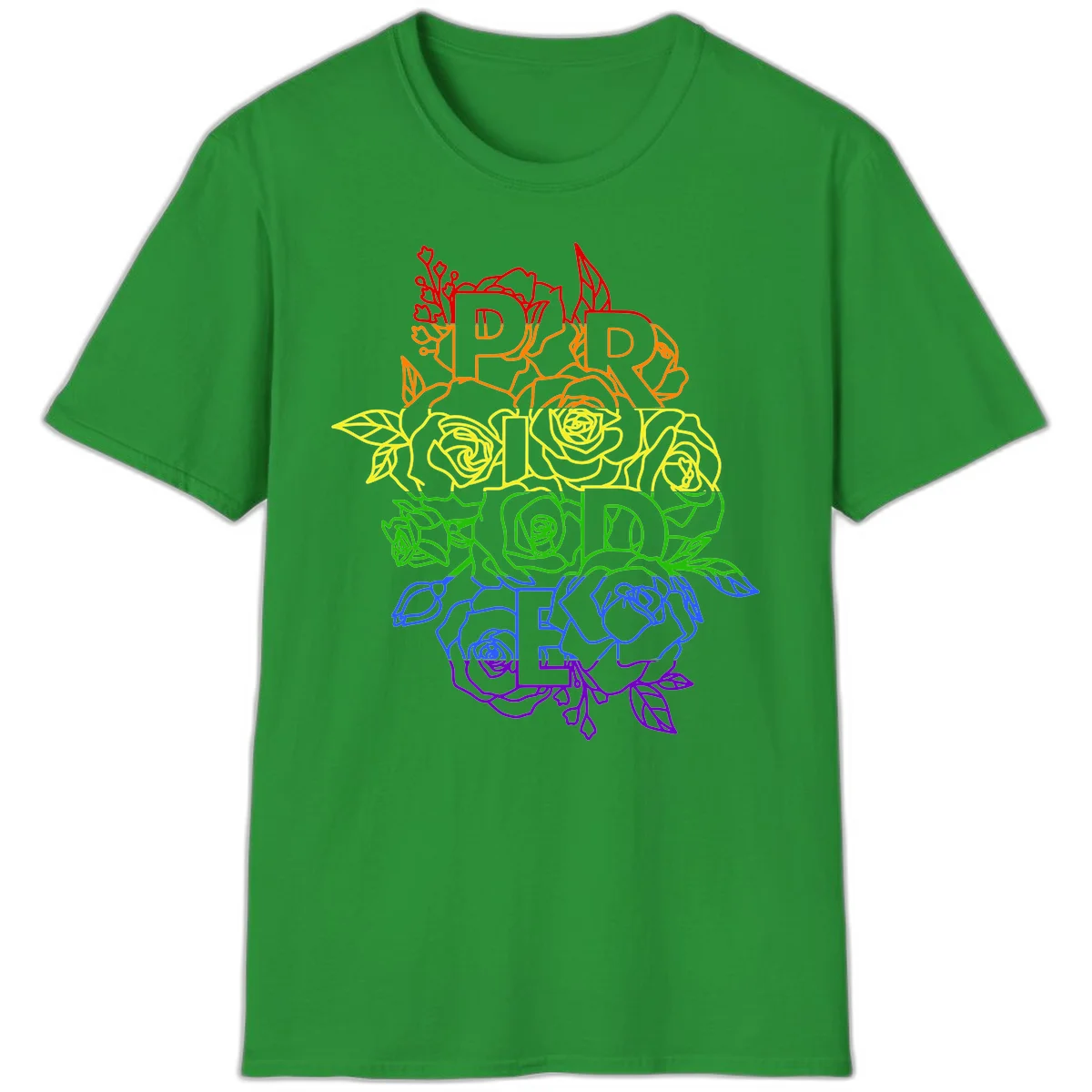 Pride rainbow floral design with the word PRIDE stacked vertically in rainbow colors, each letter surrounded by decorative roses and botanical elements. in Irish Green