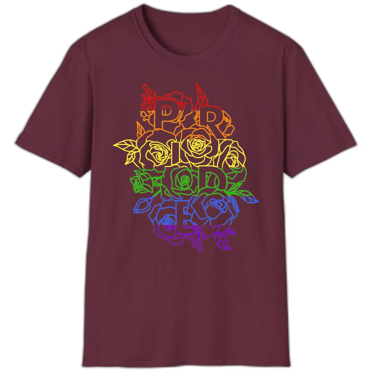 Pride rainbow floral design with the word PRIDE stacked vertically in rainbow colors, each letter surrounded by decorative roses and botanical elements. in Maroon