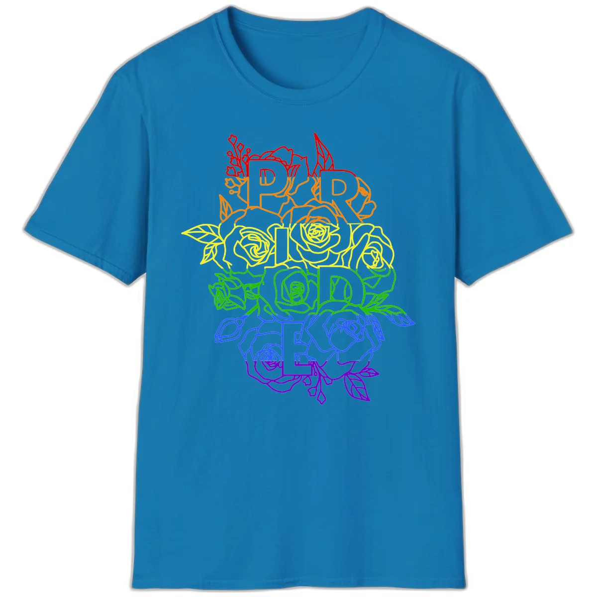 Pride rainbow floral design with the word PRIDE stacked vertically in rainbow colors, each letter surrounded by decorative roses and botanical elements. in Sapphire
