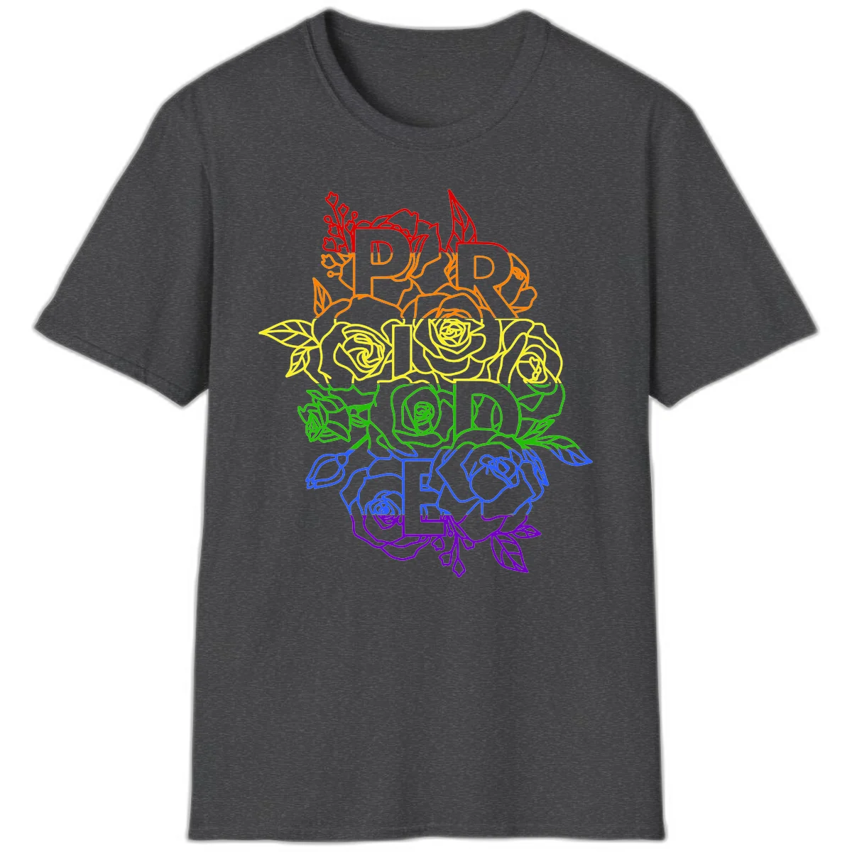 Pride rainbow floral design with the word PRIDE stacked vertically in rainbow colors, each letter surrounded by decorative roses and botanical elements. in Dark Heather