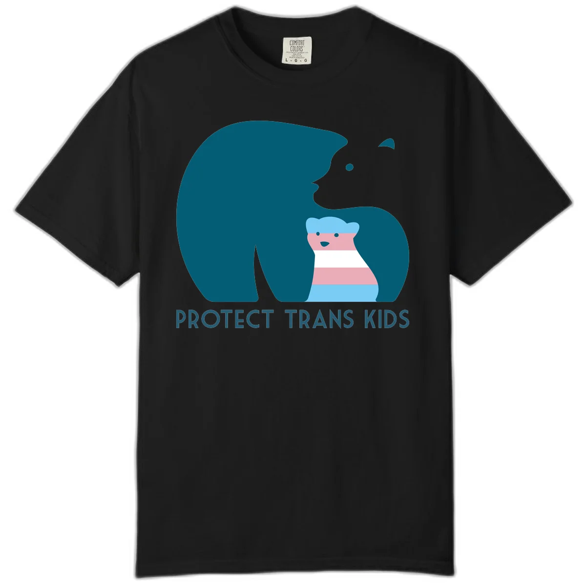Illustration of large protective bear with small colorful striped cub inside, text reads 'Protect Trans Kids' in teal in Black
