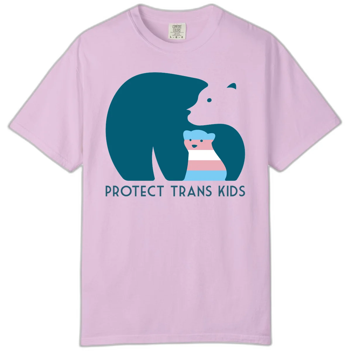 Illustration of large protective bear with small colorful striped cub inside, text reads 'Protect Trans Kids' in teal in Orchid