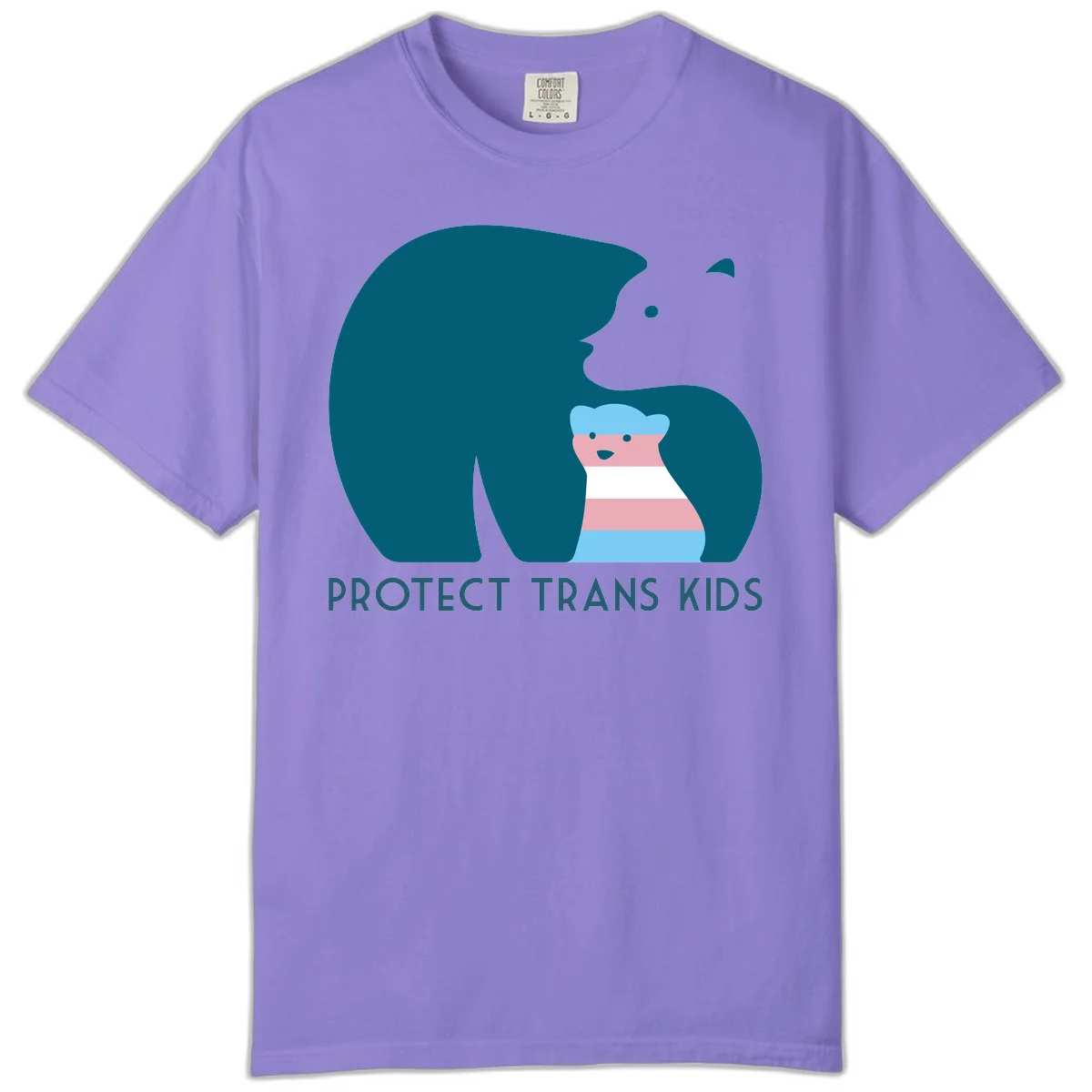 Illustration of large protective bear with small colorful striped cub inside, text reads 'Protect Trans Kids' in teal in Violet