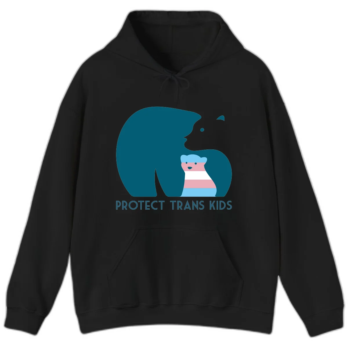 Illustration of large protective bear with small colorful striped cub inside, text reads 'Protect Trans Kids' in teal in Black