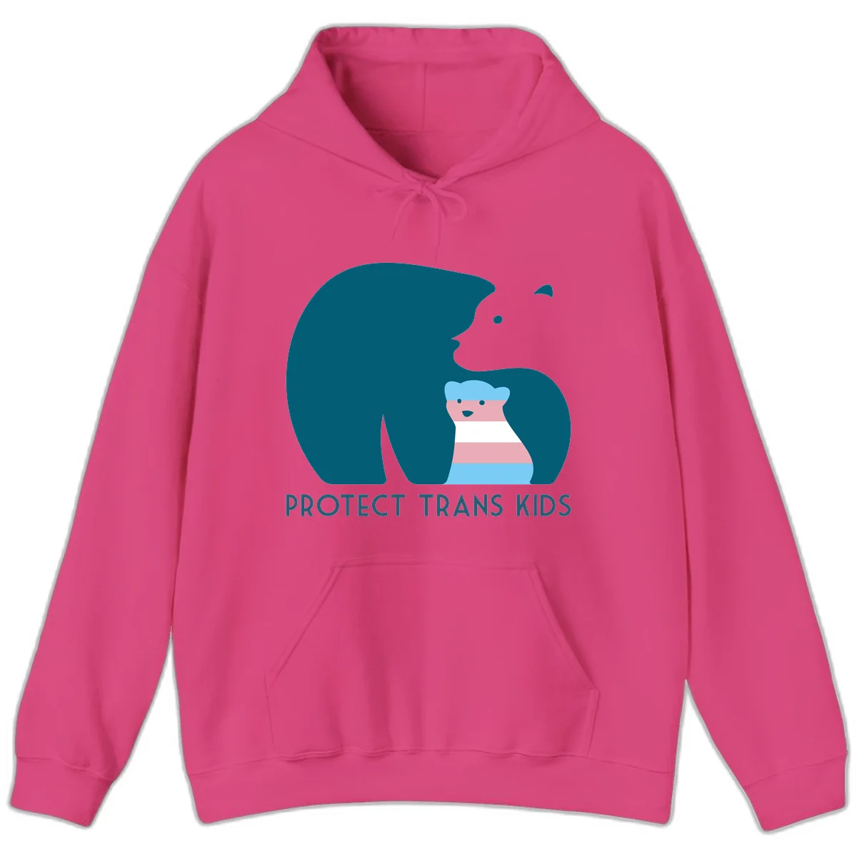 Illustration of large protective bear with small colorful striped cub inside, text reads 'Protect Trans Kids' in teal in Heliconia