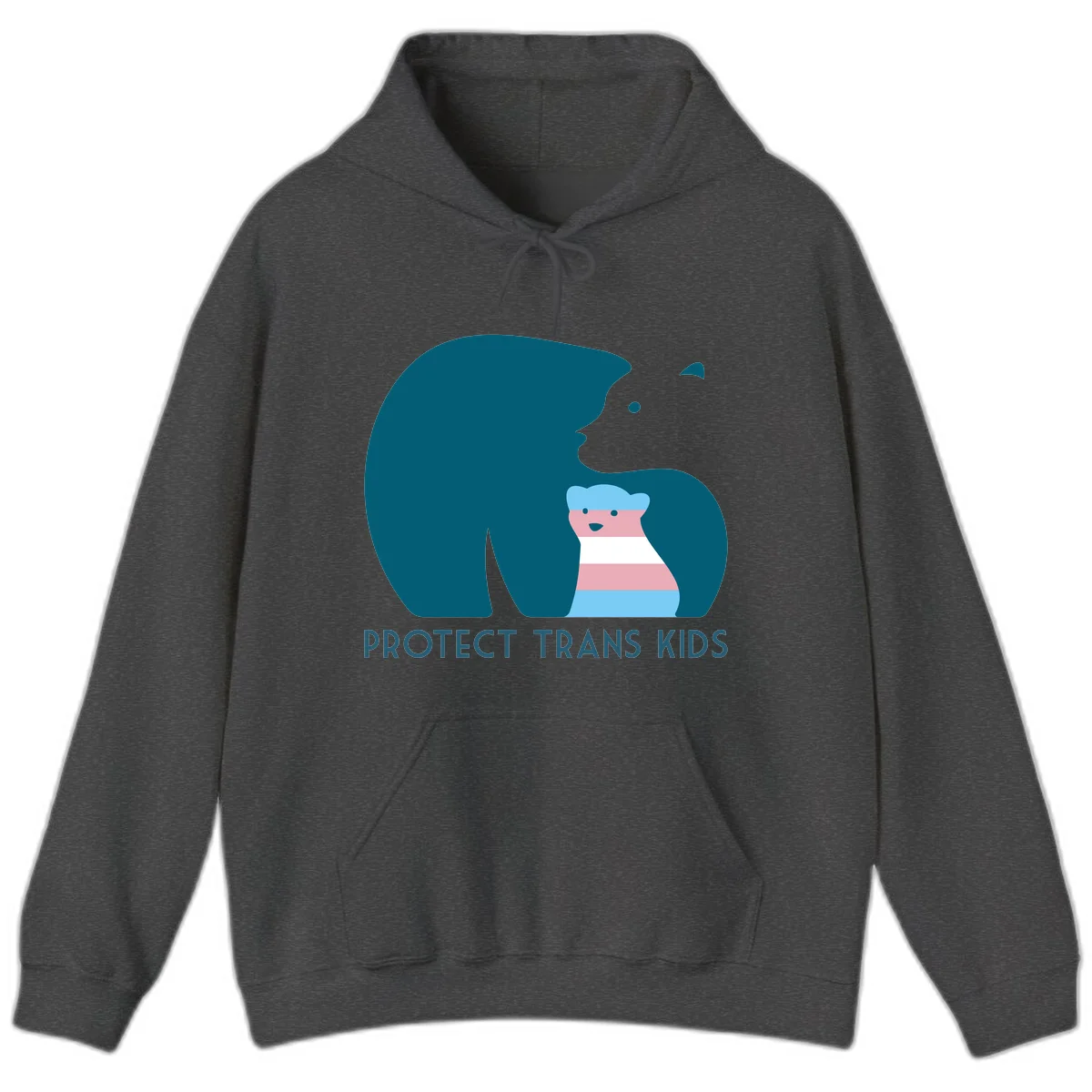 Illustration of large protective bear with small colorful striped cub inside, text reads 'Protect Trans Kids' in teal in Dark Heather