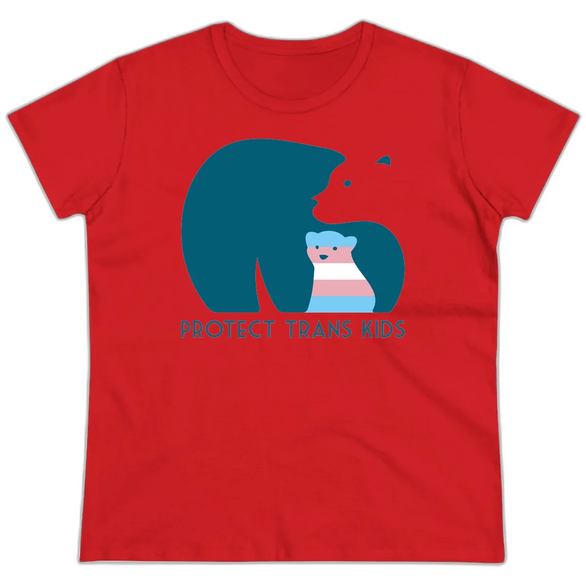 Illustration of large protective bear with small colorful striped cub inside, text reads 'Protect Trans Kids' in teal in Red
