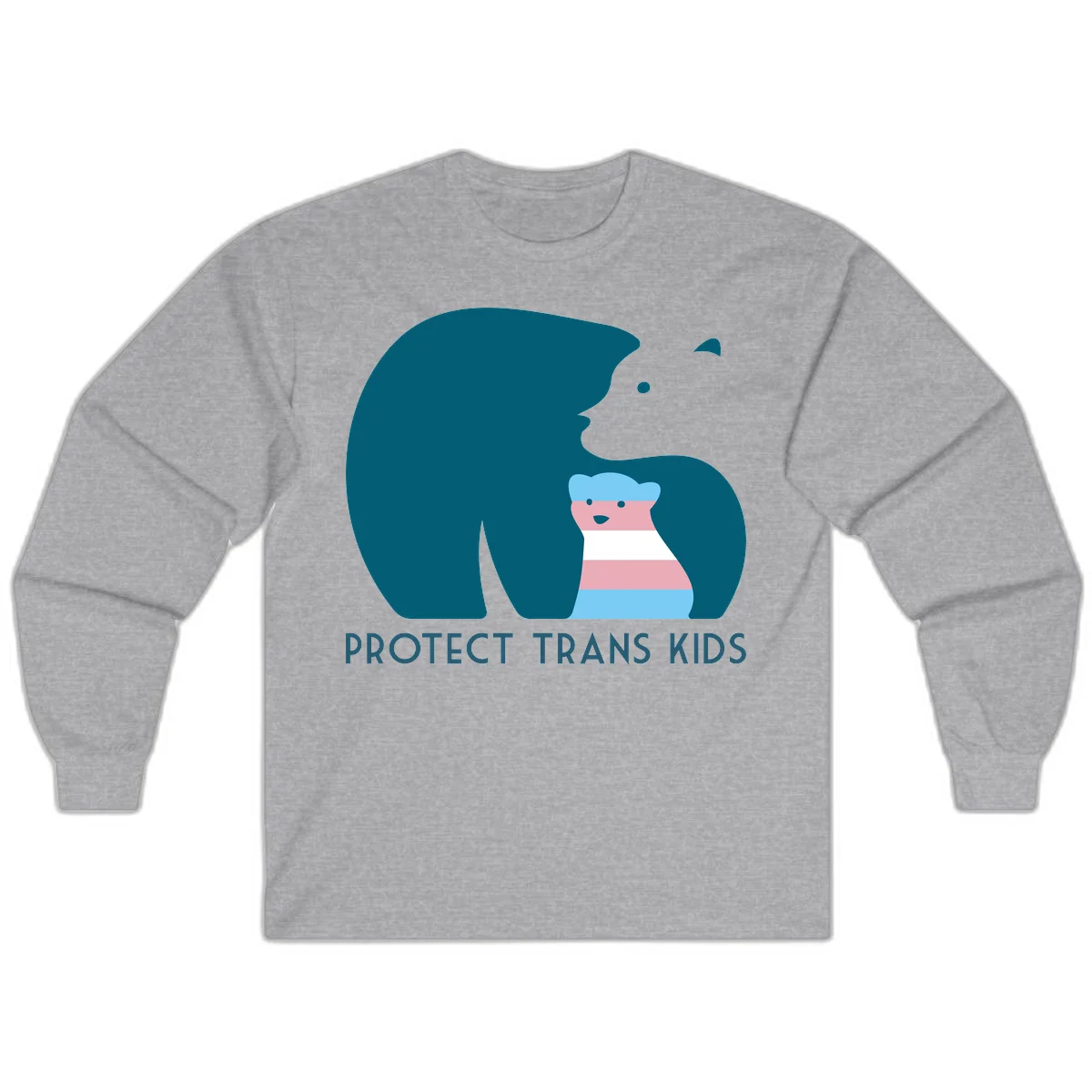 Illustration of large protective bear with small colorful striped cub inside, text reads 'Protect Trans Kids' in teal in Sport Grey