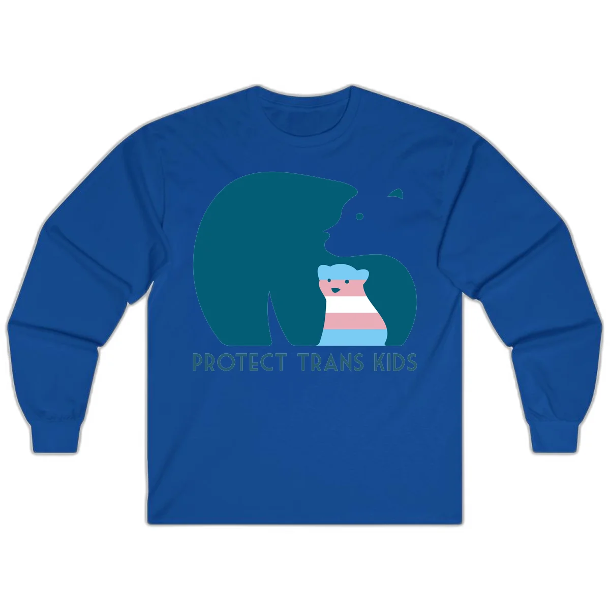 Illustration of large protective bear with small colorful striped cub inside, text reads 'Protect Trans Kids' in teal in Royal