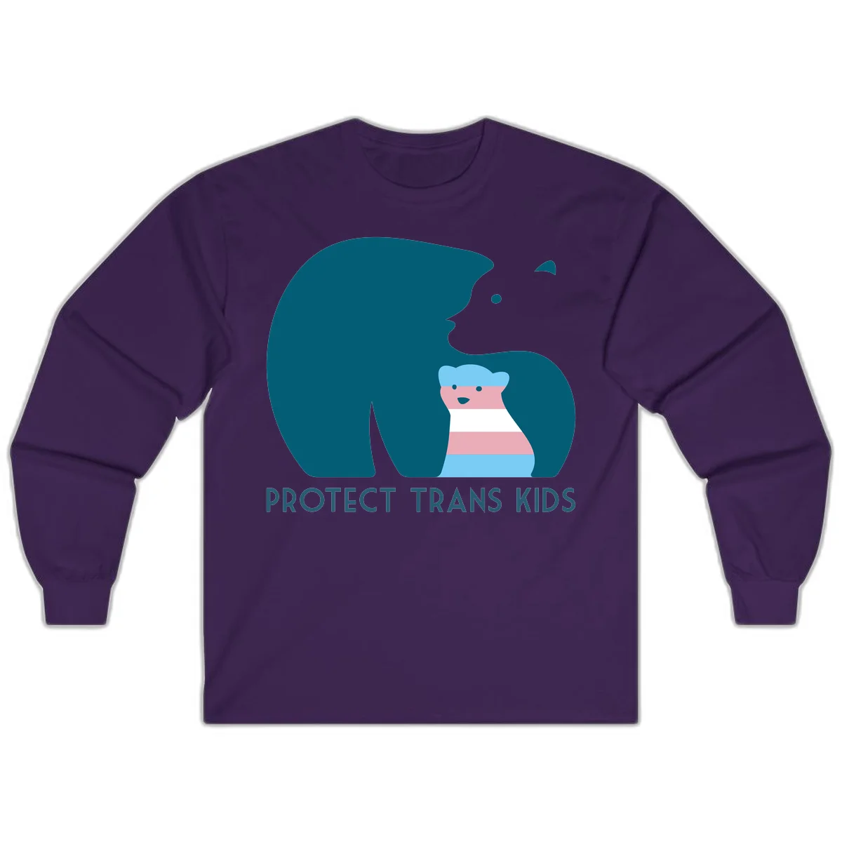 Illustration of large protective bear with small colorful striped cub inside, text reads 'Protect Trans Kids' in teal in Purple