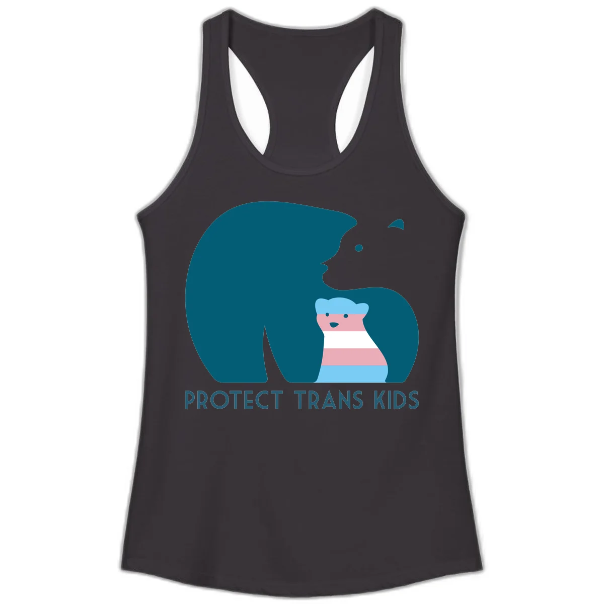 Illustration of large protective bear with small colorful striped cub inside, text reads 'Protect Trans Kids' in teal in Black