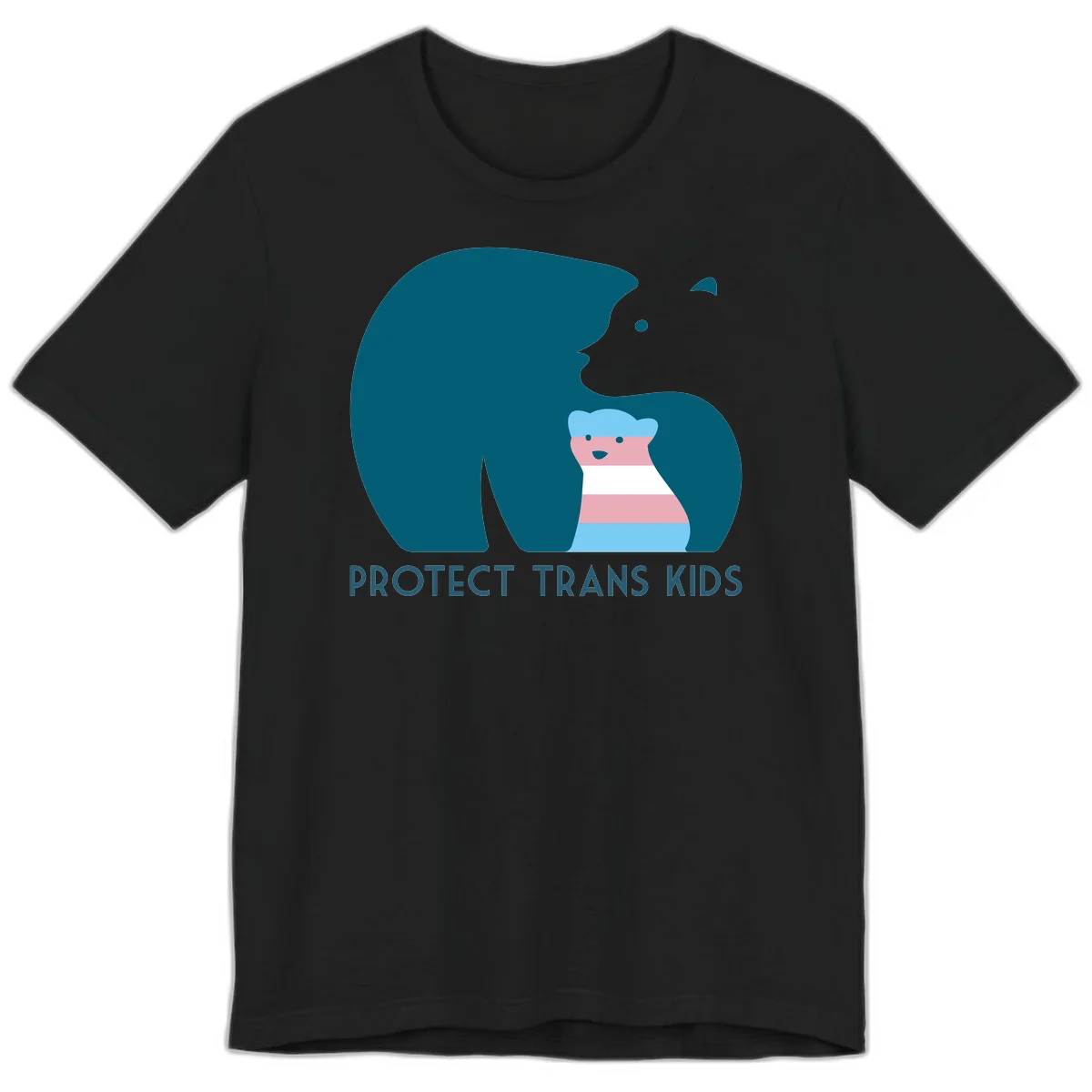 Illustration of large protective bear with small colorful striped cub inside, text reads 'Protect Trans Kids' in teal in Black