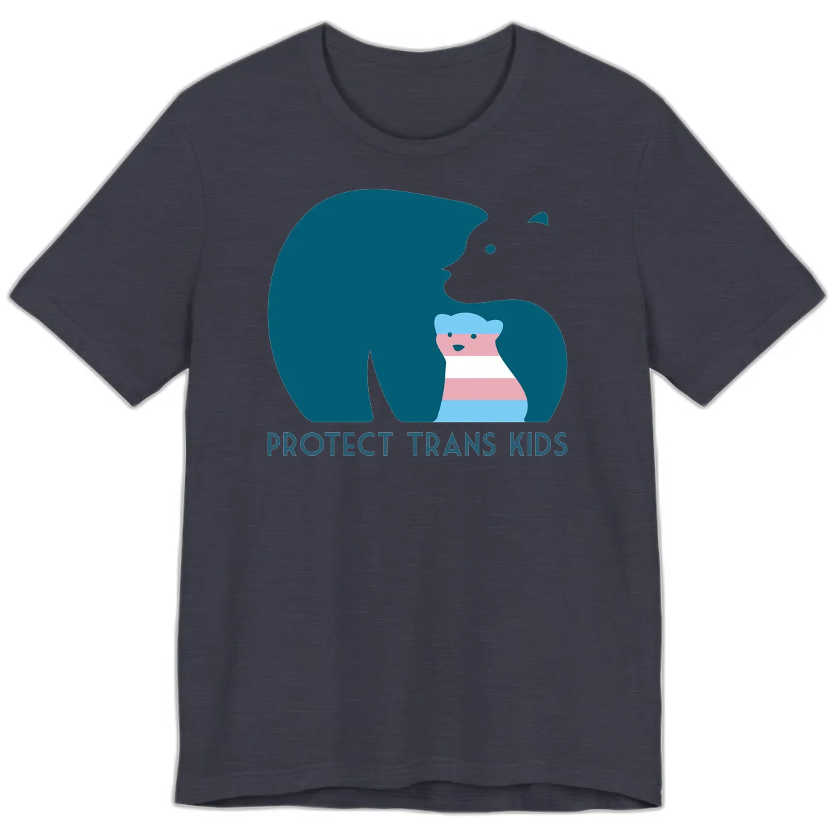 Illustration of large protective bear with small colorful striped cub inside, text reads 'Protect Trans Kids' in teal in Heather Midnight Navy