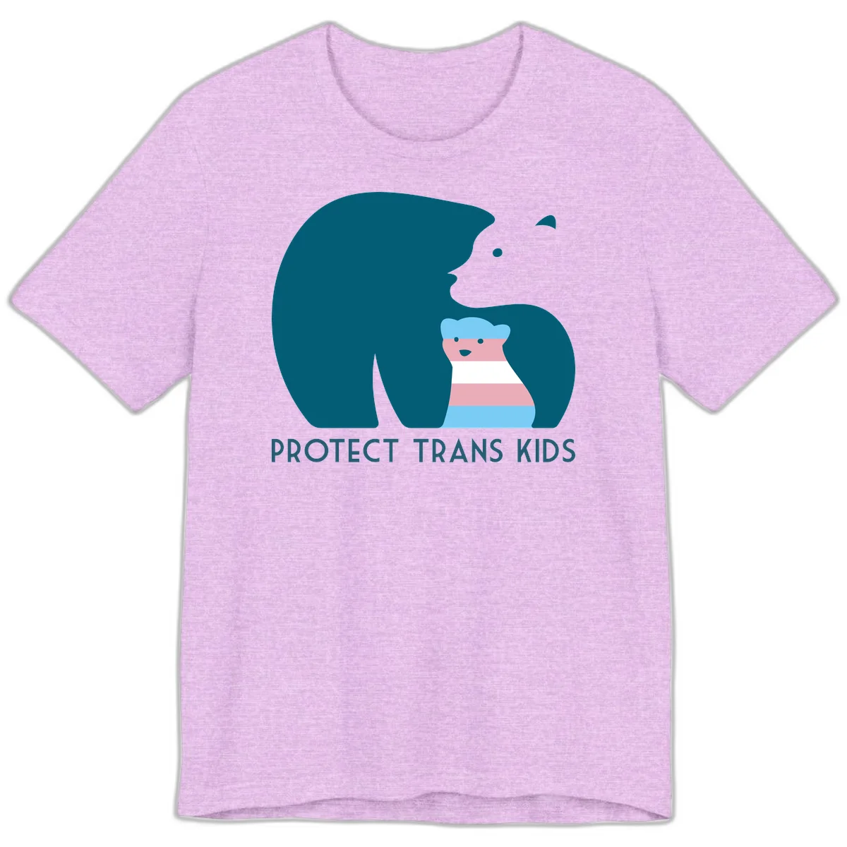 Illustration of large protective bear with small colorful striped cub inside, text reads 'Protect Trans Kids' in teal in Heather Prism Lilac