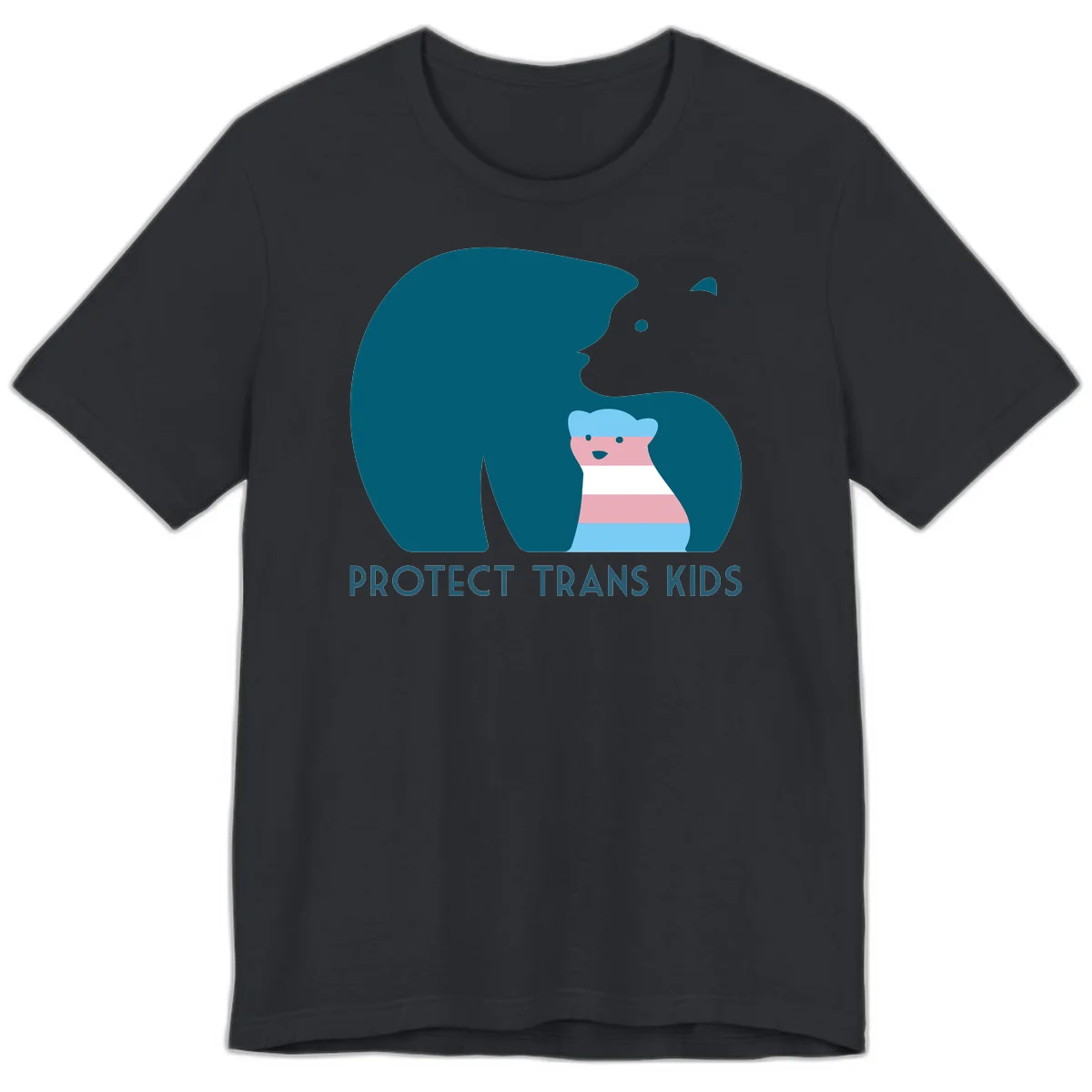 Illustration of large protective bear with small colorful striped cub inside, text reads 'Protect Trans Kids' in teal in Vintage Black