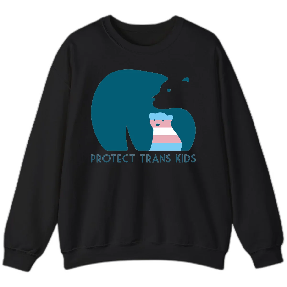 Illustration of large protective bear with small colorful striped cub inside, text reads 'Protect Trans Kids' in teal in Black