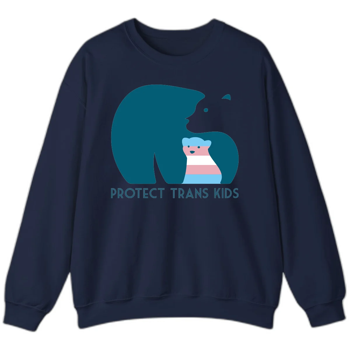 Illustration of large protective bear with small colorful striped cub inside, text reads 'Protect Trans Kids' in teal in Navy