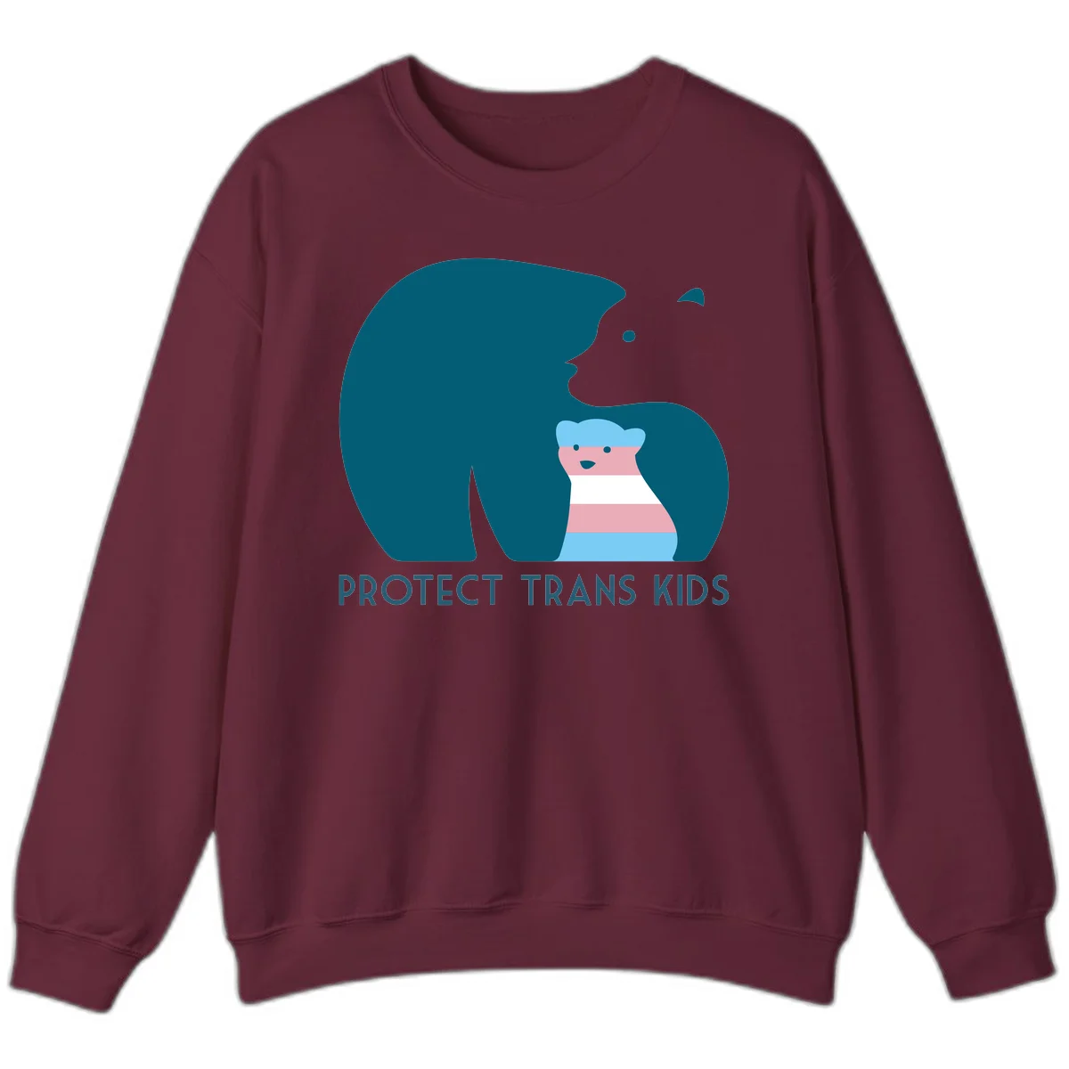 Illustration of large protective bear with small colorful striped cub inside, text reads 'Protect Trans Kids' in teal in Maroon