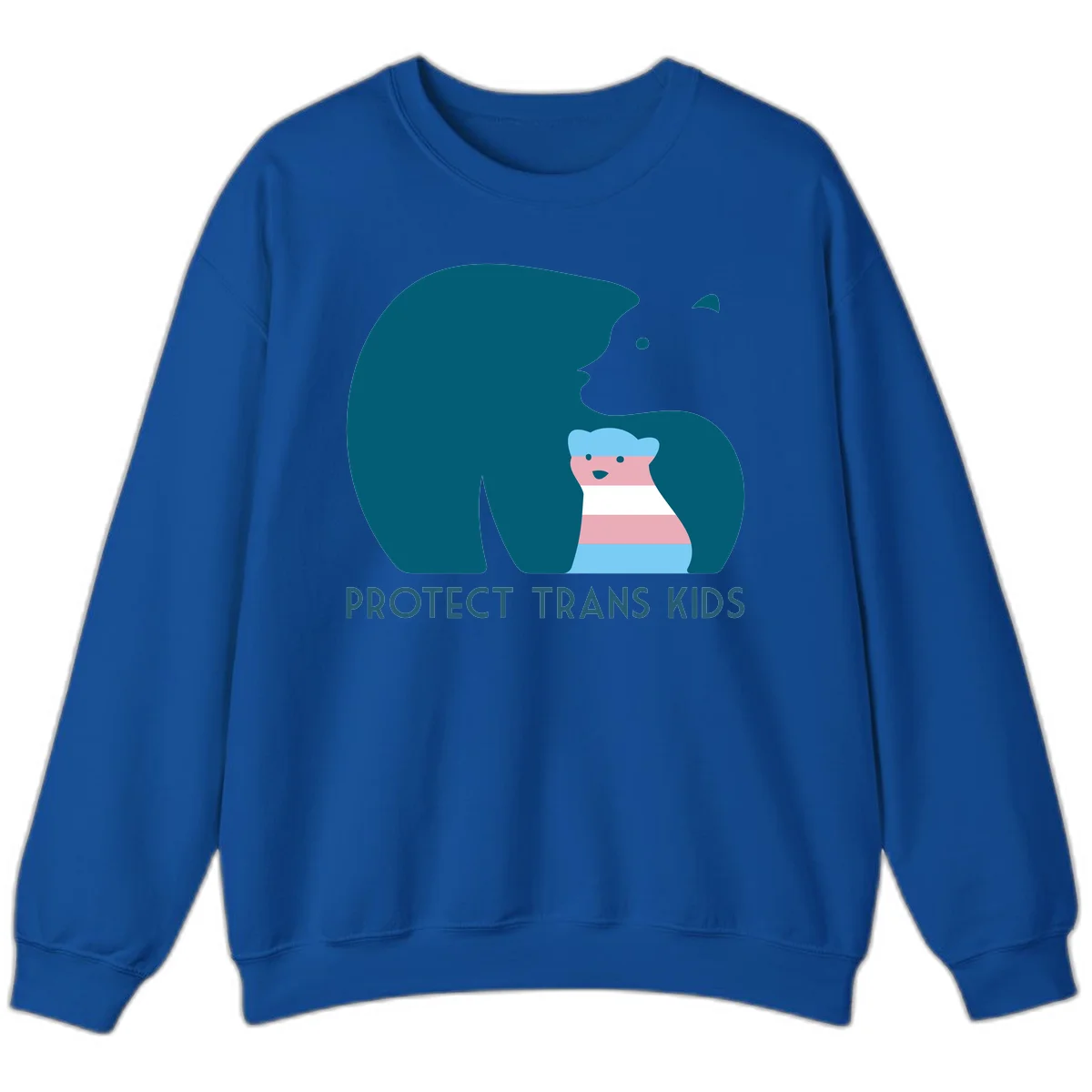 Illustration of large protective bear with small colorful striped cub inside, text reads 'Protect Trans Kids' in teal in Royal