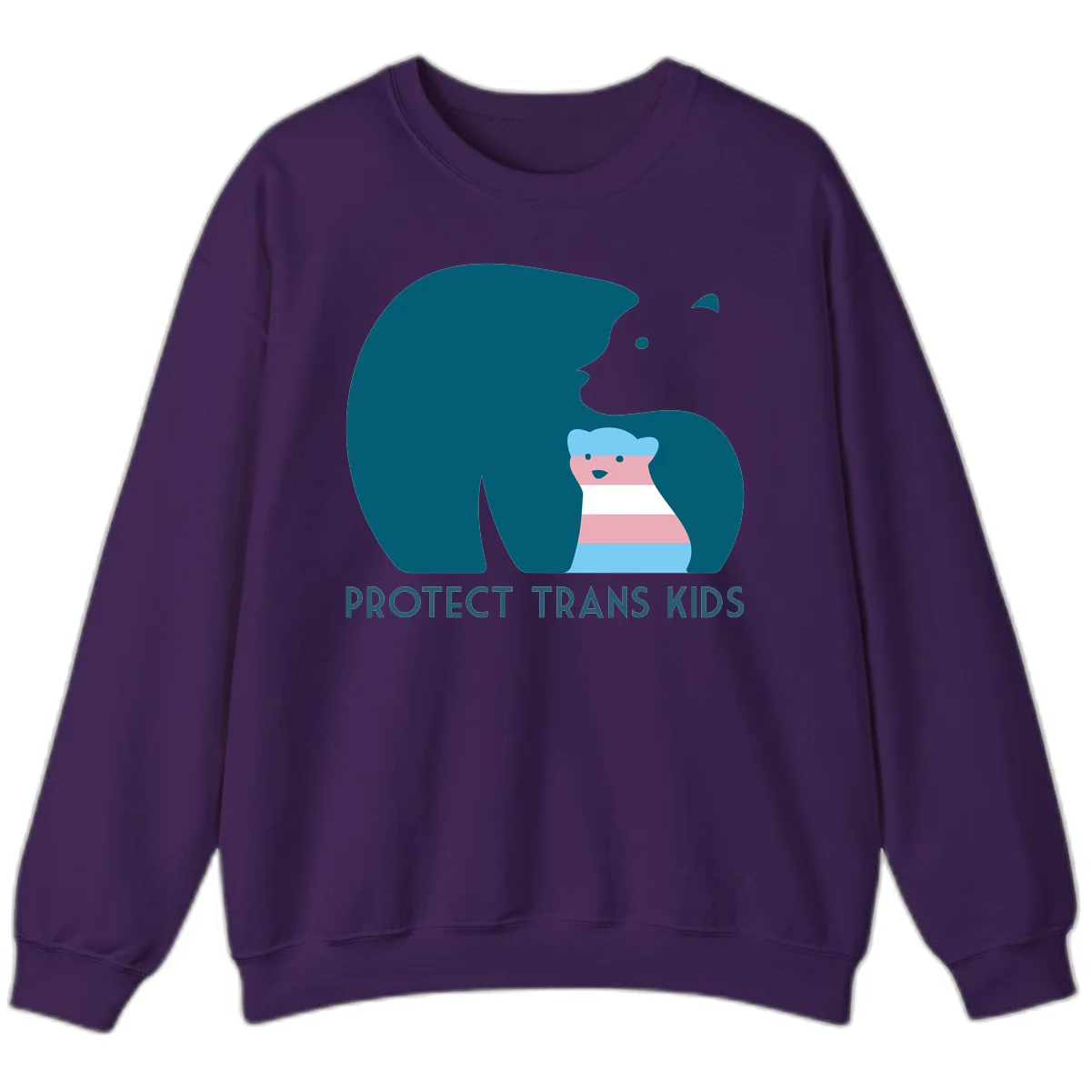 Illustration of large protective bear with small colorful striped cub inside, text reads 'Protect Trans Kids' in teal in Purple