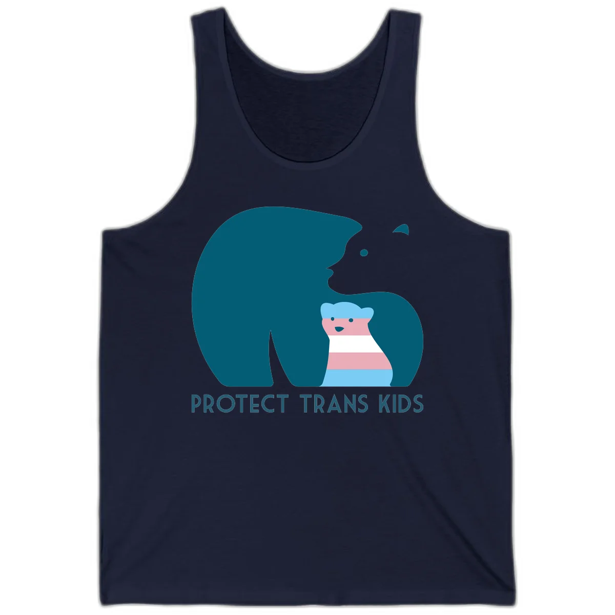 Illustration of large protective bear with small colorful striped cub inside, text reads 'Protect Trans Kids' in teal in Navy