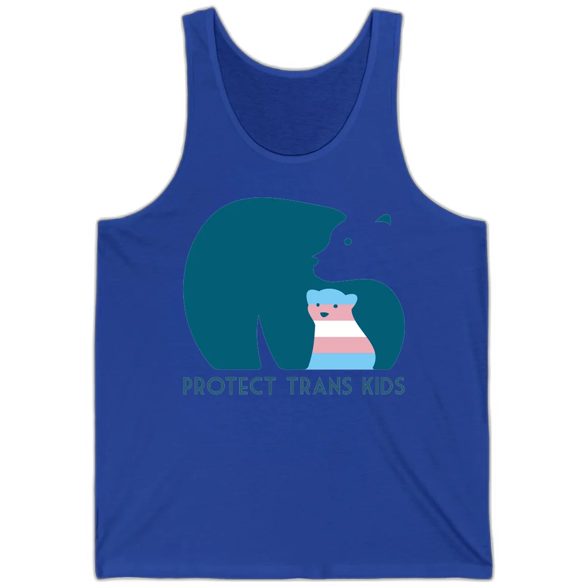 Illustration of large protective bear with small colorful striped cub inside, text reads 'Protect Trans Kids' in teal in True Royal