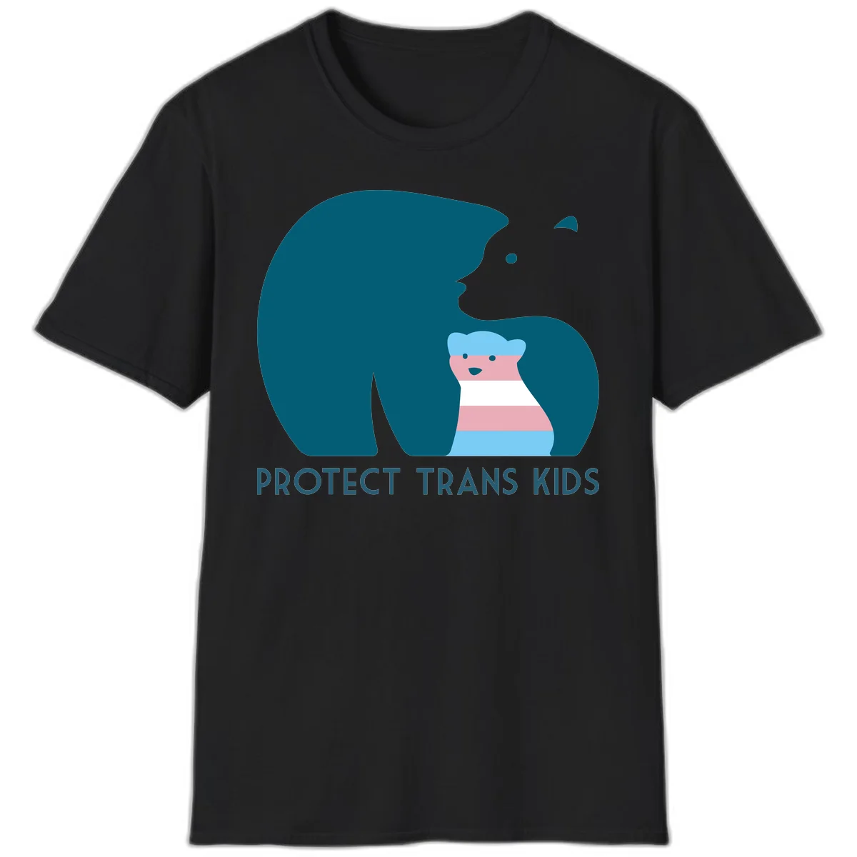 Illustration of large protective bear with small colorful striped cub inside, text reads 'Protect Trans Kids' in teal in Black